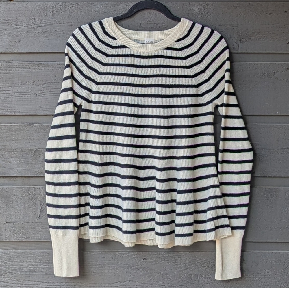 La Vie Rebecca Taylor Cream Black Ribbed Knit Peplum Sweater 100% Lambswool MED